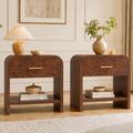Vintagearth Nightstand Set of 2, 24" Tall Modern Bedside Table with 1.18" Thick FSC Certified Wood, 1 Drawer & 1 Open Storage Shelf, Dark Burl