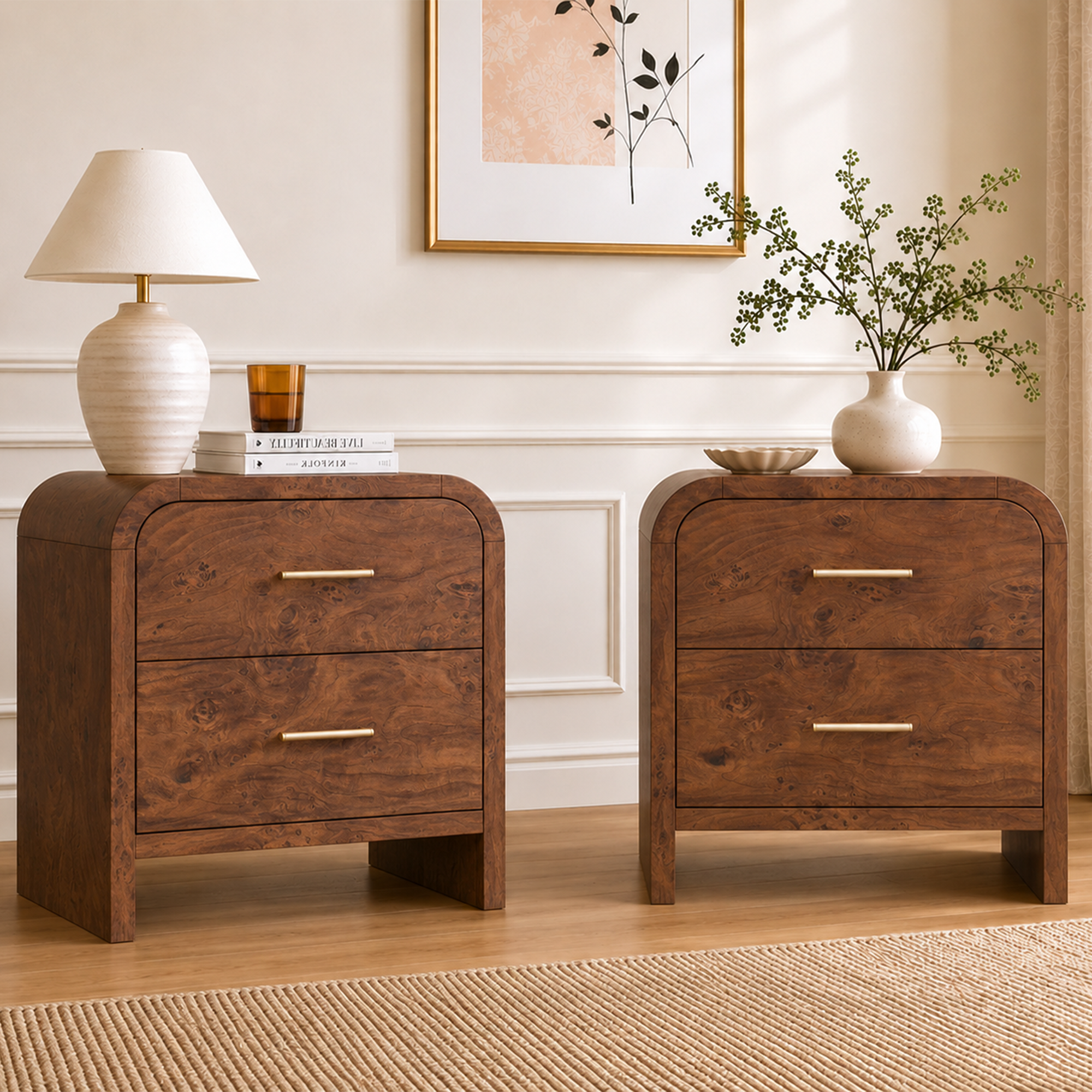 Vintagearth Nightstand Set of 2, 24" Tall Modern Bedside Table with 1.18" Thick FSC Certified Wood, 2 Drawer, Dark Burl
