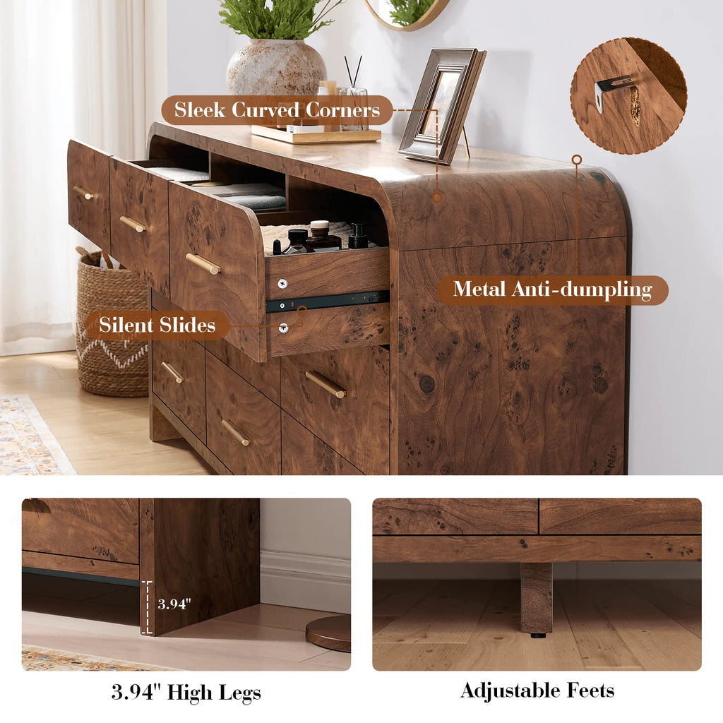 Vintagearth 9 Drawers Dresser for Bedroom, Curved FSC-certified Wood 1.18" Thick Board Dressers & Chests of Drawers for Living Room, Hallway, Entryway, Dark Burl