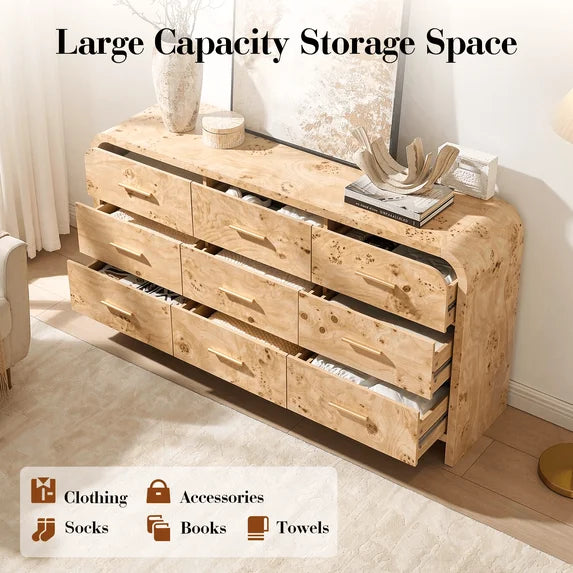Vintagearth 9 Drawers Dresser for Bedroom, Curved FSC-certified Wood 1.18" Thick Board Dressers & Chests of Drawers for Living Room, Hallway, Entryway, Light Burl