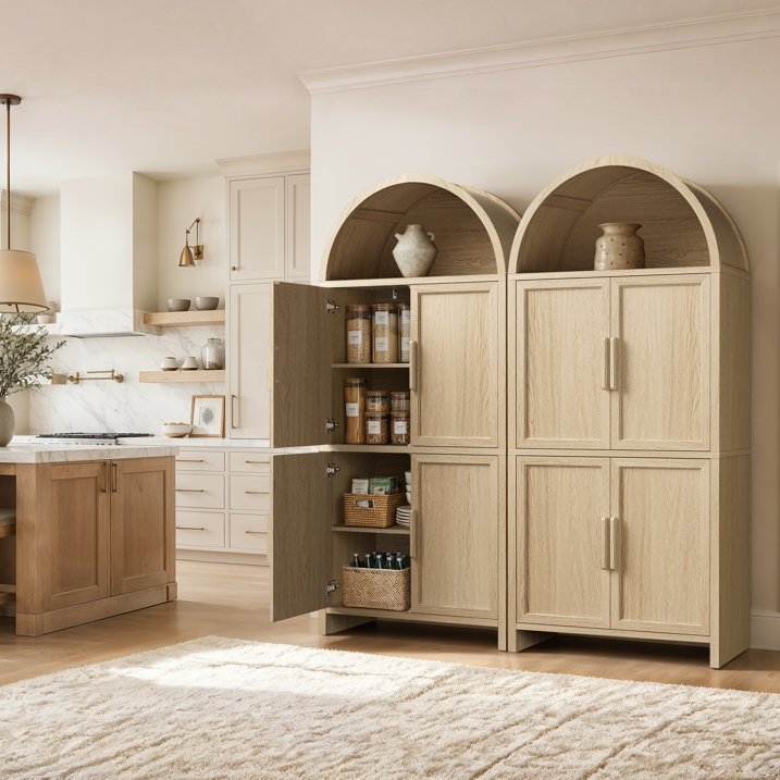 Vintagearth 74.5" Tall Arched Kitchen Pantry Cabinet, FSC‑Certified 1.38" Thick Board Rattan Freestanding Cupboard with 4 Doors for Kitchen, Dining Room, Light Oak