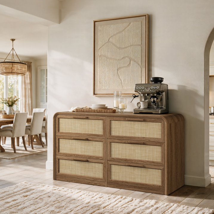 Vintagearth 6 Drawer Dresser for Bedroom, FSC‑Certified 1.18" Thick Wooden Curved Edge Chest of Drawers with Natural Rattan Drawer, Natural Oak