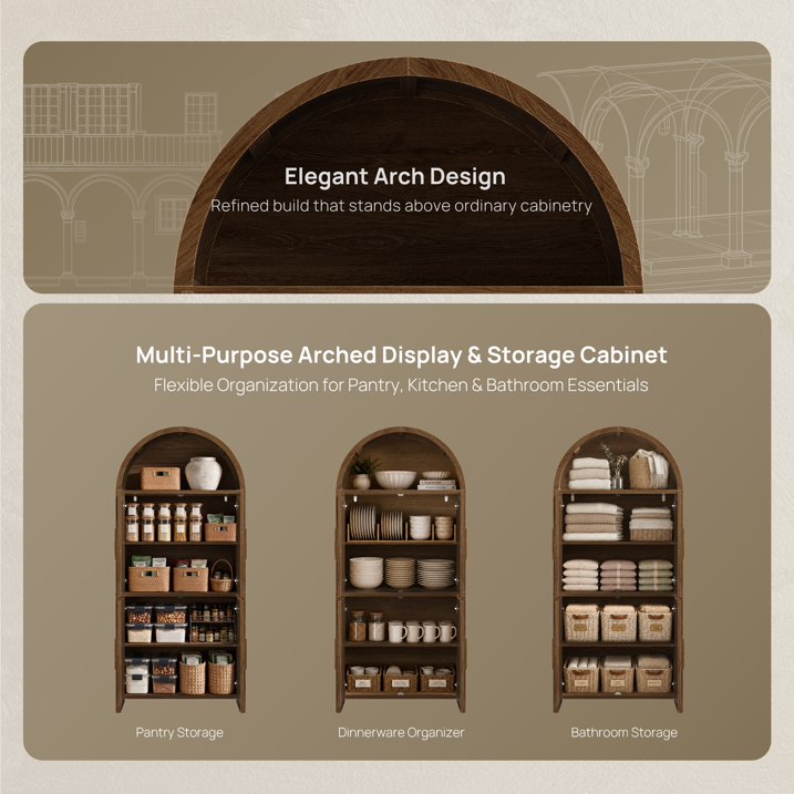 Vintagearth 74.5" Tall Arched Kitchen Pantry Cabinet, FSC‑Certified 1.38" Thick Board Rattan Freestanding Cupboard with 4 Doors for Kitchen, Dining Room, Dark Oak