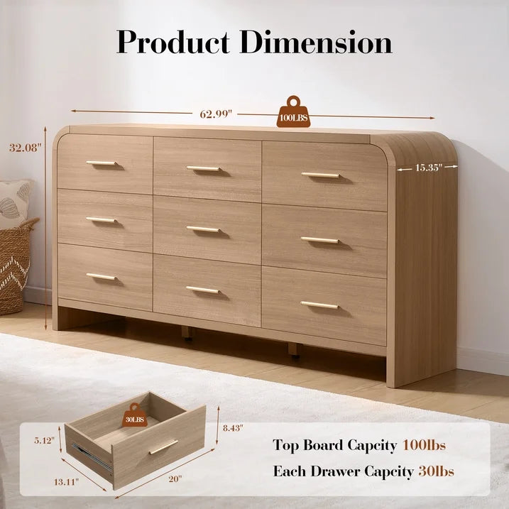 Vintagearth 9 Drawers Dresser for Bedroom, Curved FSC-certified Wood 1.18" Thick Board Dressers & Chests of Drawers for Living Room, Hallway, Entryway, Oak