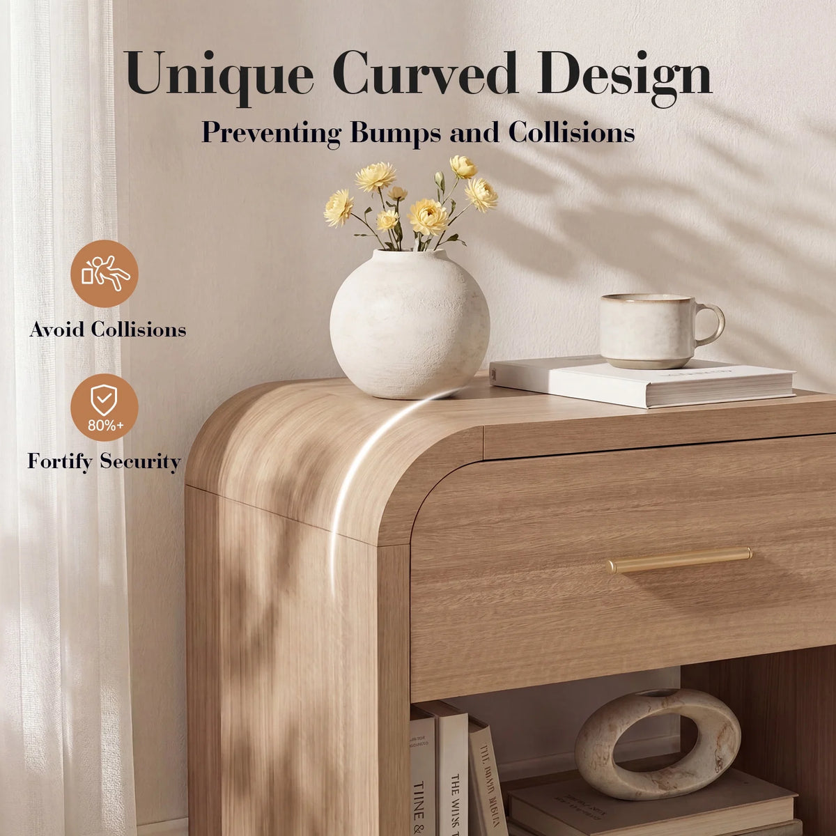 Vintagearth Nightstand Set of 2, 24" Tall Modern Bedside Table with 1.18" Thick FSC Certified Wood, 1 Drawer & 1 Open Storage Shelf, Oak