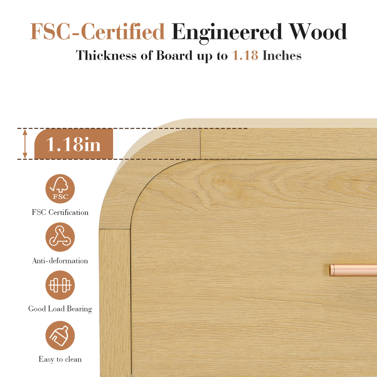 Vintagearth Nightstand 23.42" Wide Modern Curved Bedside Table, FSC-Certified Wood End Table, 2 Drawer Storage, Natural Oak
