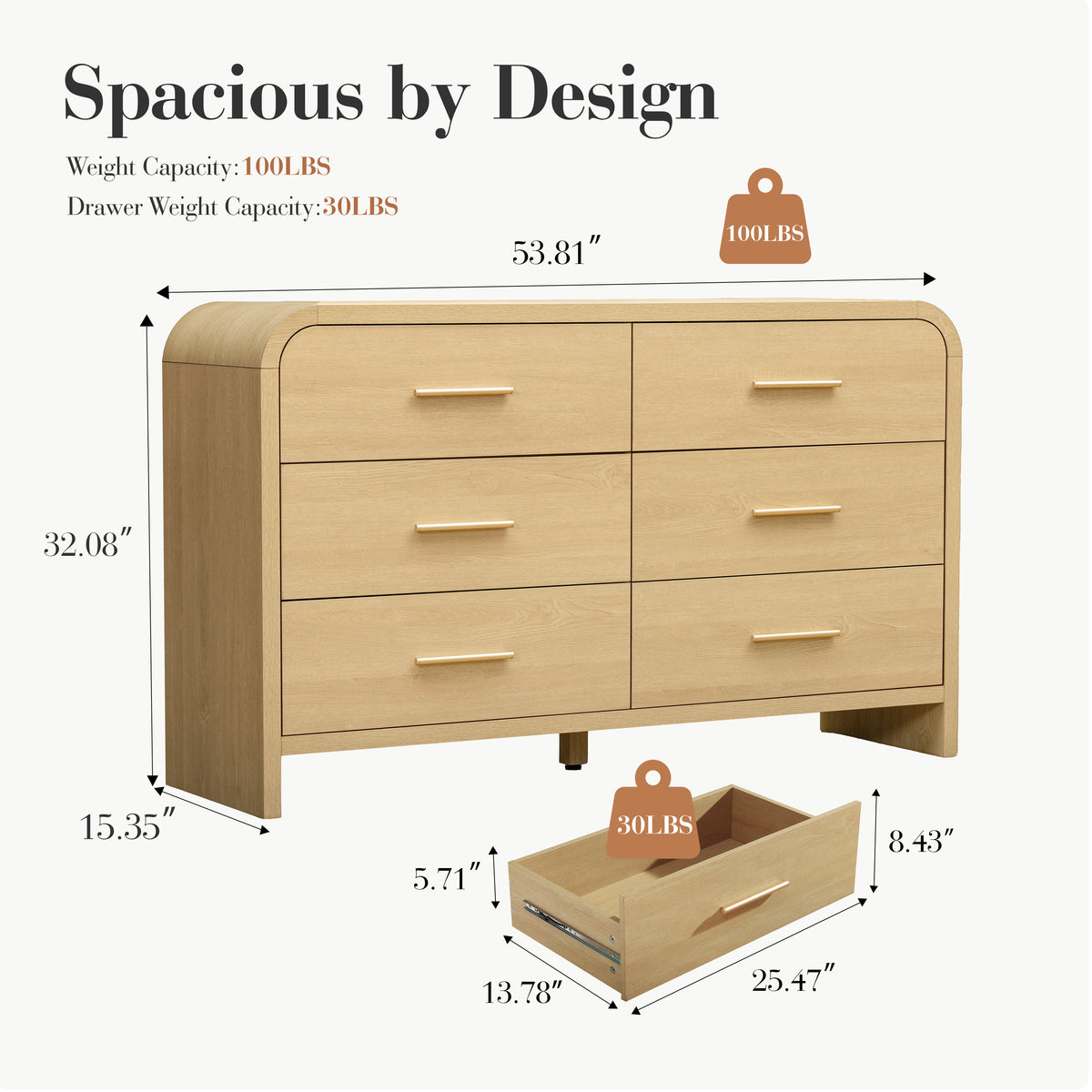 Vintagearth 6 Drawer Dresser for Bedroom, 54" Wide Storage Cabinet with Thick FSC-Certified Wood, Curved Edge Design, Large Capacity, Golden Oak