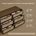 Vintagearth 6 Drawer Dresser for Bedroom, FSC‑Certified 1.18" Thick Wooden Curved Edge Chest of Drawers with Natural Rattan Drawer, Dark Oak