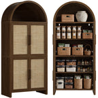 Vintagearth 74.5" Tall Arched Kitchen Pantry Cabinet, FSC‑Certified 1.38" Thick Board Rattan Freestanding Cupboard with 4 Doors for Kitchen, Dining Room, Dark Oak