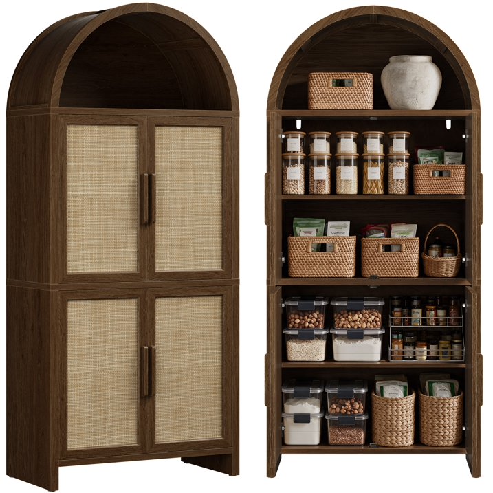 Vintagearth 74.5" Tall Arched Kitchen Pantry Cabinet, FSC‑Certified 1.38" Thick Board Rattan Freestanding Cupboard with 4 Doors for Kitchen, Dining Room, Dark Oak