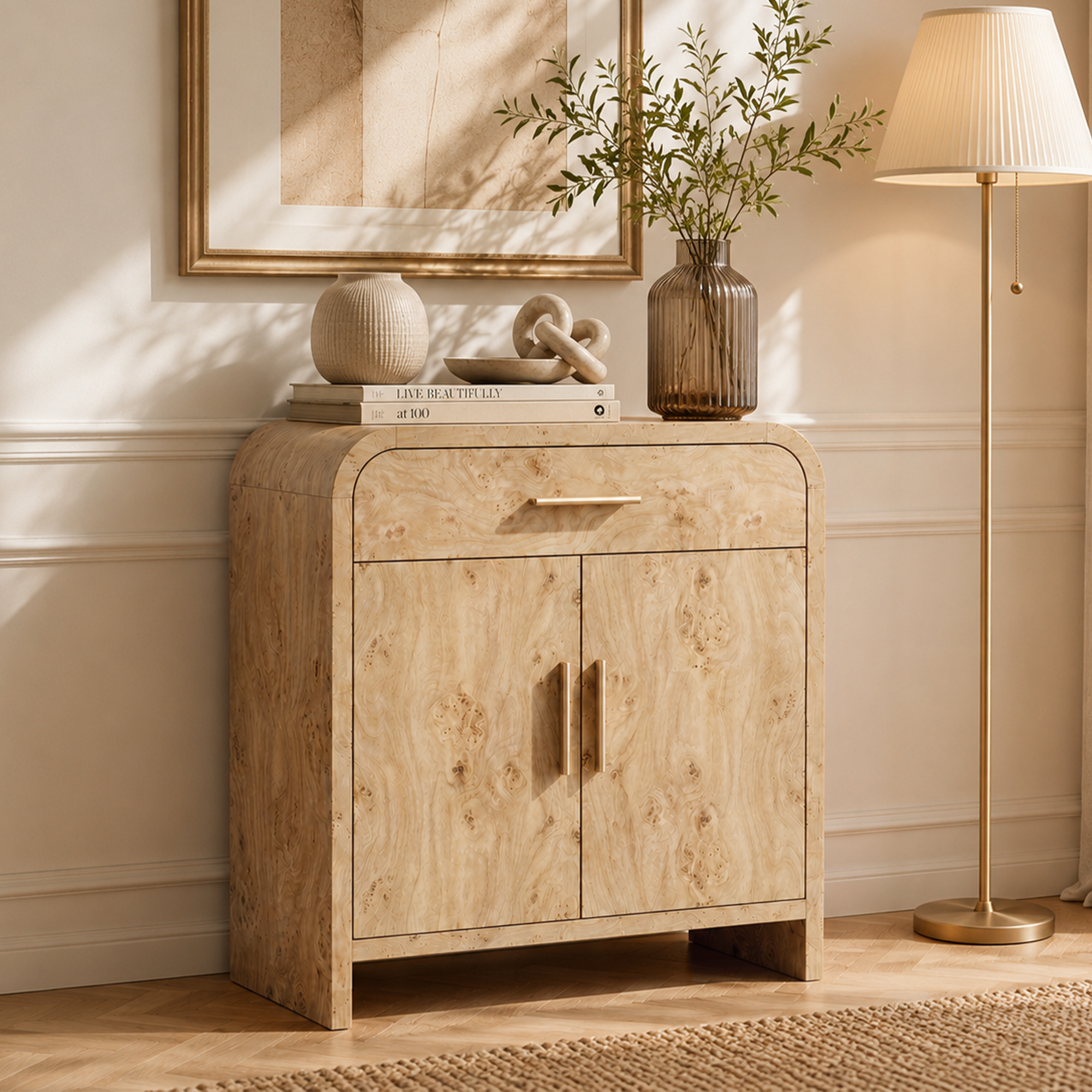 Vintagearth 31.3" Sideboard Buffet Cabinet with Storage, 1.18" Thick FSC-Certified Wood Curved Storage Cabinet with 2 Doors & 1 Drawer, Adjustable Shelf for Kitchen, Dining Room, Living Room, Entryway, Light Burl, 1 pc
