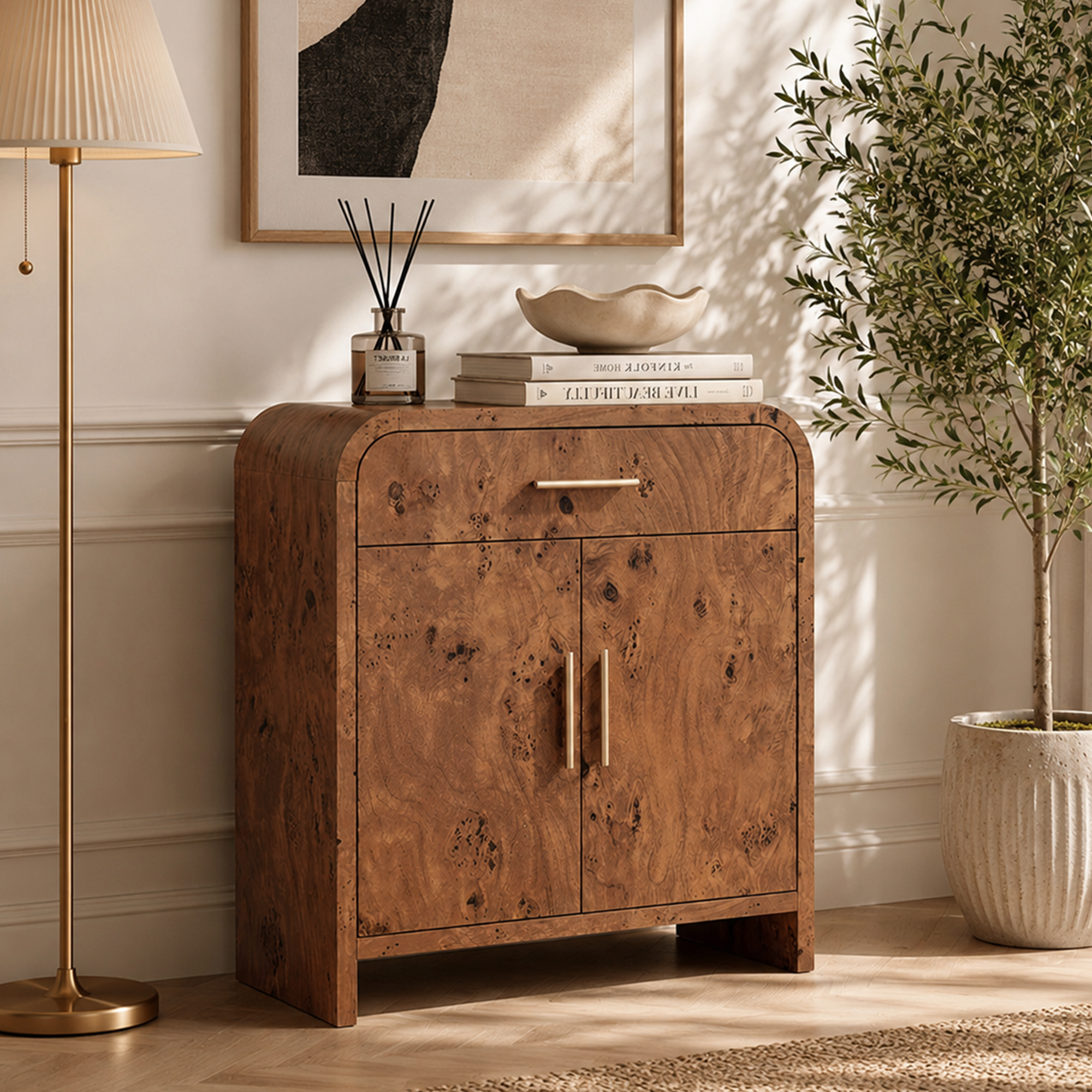 Vintagearth 31.3" Sideboard Buffet Cabinet with Storage, 1.18" Thick FSC-Certified Wood Curved Storage Cabinet with 2 Doors & 1 Drawer, Adjustable Shelf for Kitchen, Dining Room, Living Room, Entryway, Dark Burl, 1 pc