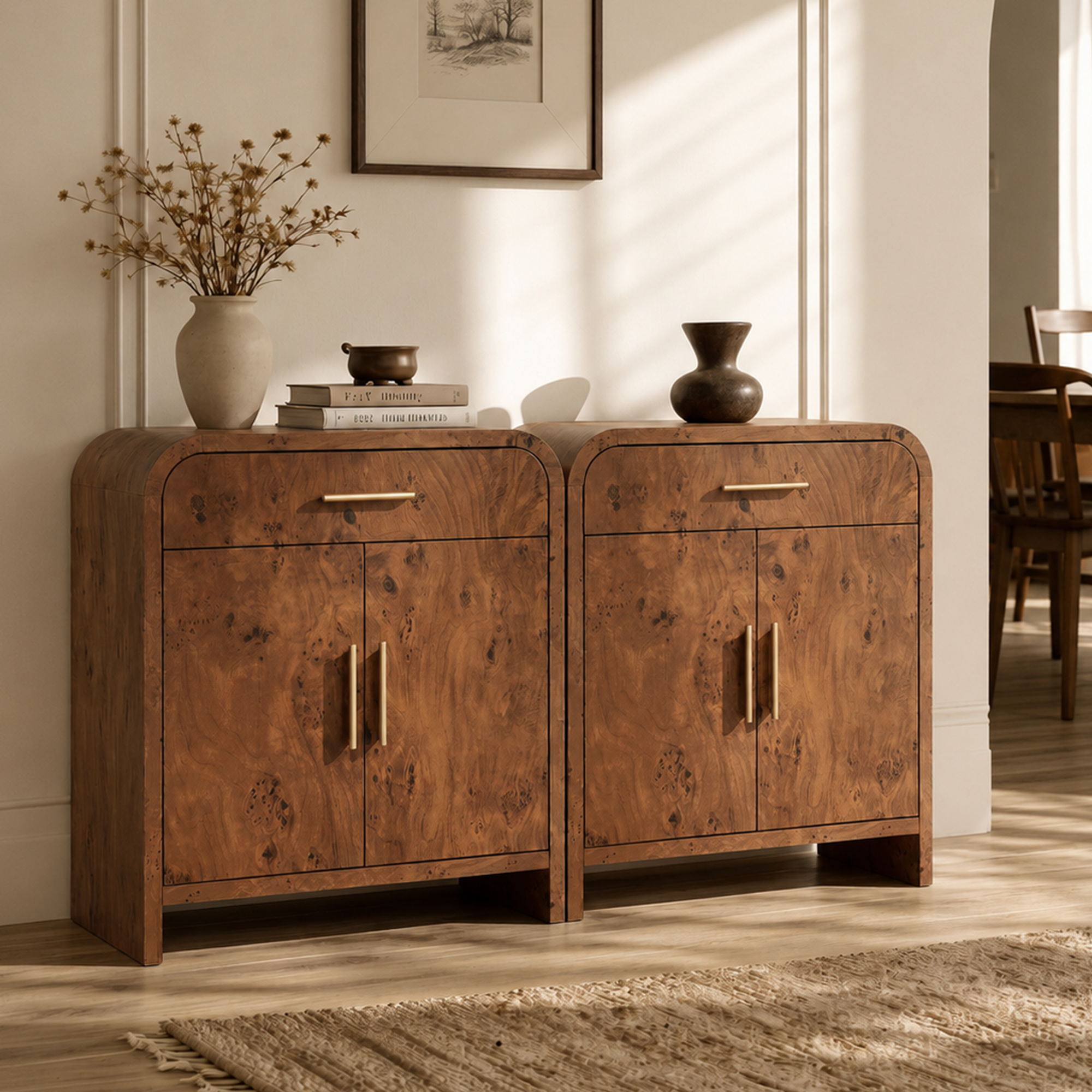 Vintagearth 31.3" Sideboard Buffet Cabinet with Storage, 1.18" Thick FSC-Certified Wood Curved Storage Cabinet with 2 Doors & 1 Drawer, Adjustable Shelf for Kitchen, Dining Room, Living Room, Entryway, Dark Burl, 2 pc