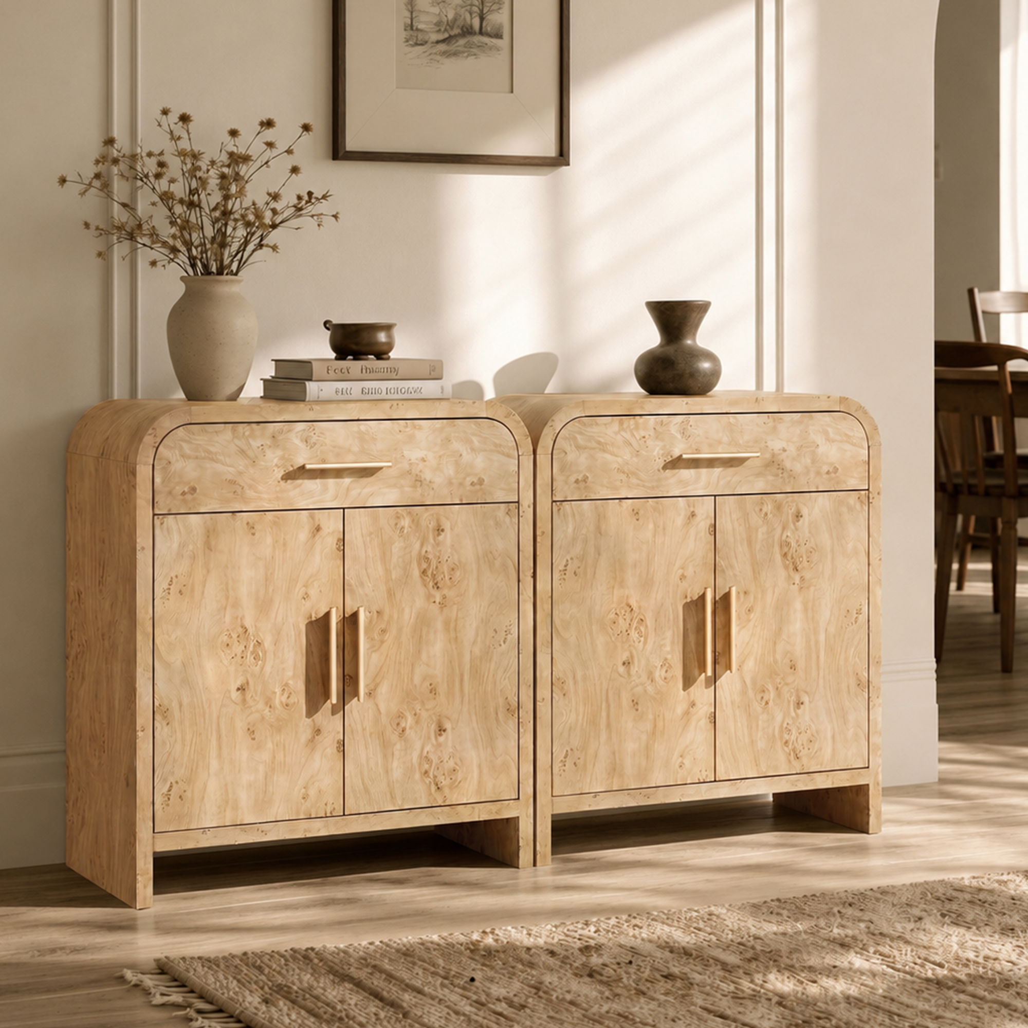 Vintagearth 31.3" Sideboard Buffet Cabinet with Storage, 1.18" Thick FSC-Certified Wood Curved Storage Cabinet with 2 Doors & 1 Drawer, Adjustable Shelf for Kitchen, Dining Room, Living Room, Entryway, Light Burl, 2 pc