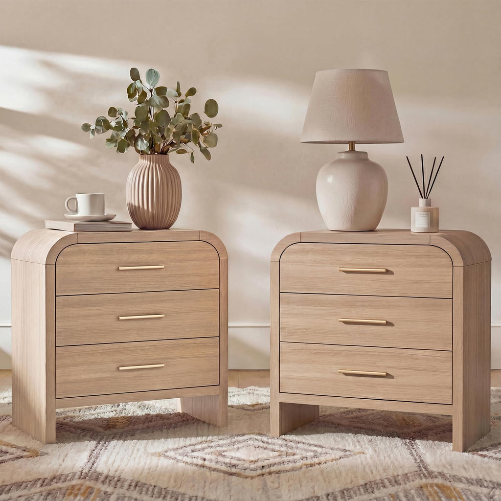 Vintagearth Nightstand 26.7" Tall Modern Curved Bedside Table, FSC-Certified Wood End Table, 3 Drawer Storage