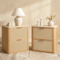 Vintagearth Nightstand Set of 2, 23.11" W Boho Rattan Faux Marble Top Bedside Table, FSC-Certified 1.97" ThickWood End Table, 2 Drawer Storage, Natural Oak