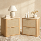 Vintagearth Nightstand Set of 2, 23.11" W Boho Rattan Faux Marble Top Bedside Table, FSC-Certified 1.97" ThickWood End Table, 2 Drawer Storage, Natural Oak