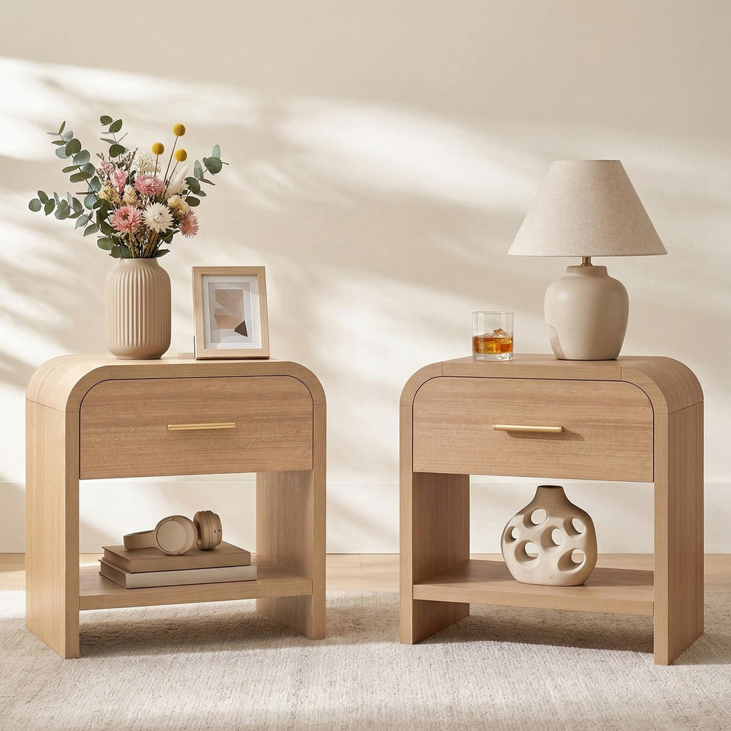 Vintagearth Mesita de Noche de 61 cm de Alto, Moderna Mesa Auxiliar Curva de Madera Certificada FSC, 1 Cajón y 1 Estante Abierto, Burl Claro