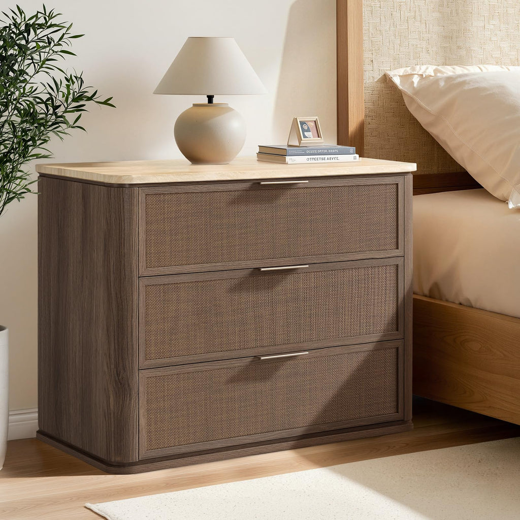 Vintagearth Nightstand 30.71" W Boho Rattan Faux Marble Top Bedside Table, FSC-Certified 1.97" Thick Wood End Table, 3 Drawer Storage, Dark Oak