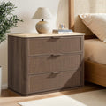 Vintagearth Nightstand 30.71" W Boho Rattan Faux Marble Top Bedside Table, FSC-Certified 1.97" Thick Wood End Table, 3 Drawer Storage, Dark Oak