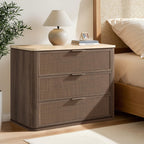Vintagearth Nightstand 30.71" W Boho Rattan Faux Marble Top Bedside Table, FSC-Certified 1.97" Thick Wood End Table, 3 Drawer Storage, Dark Oak