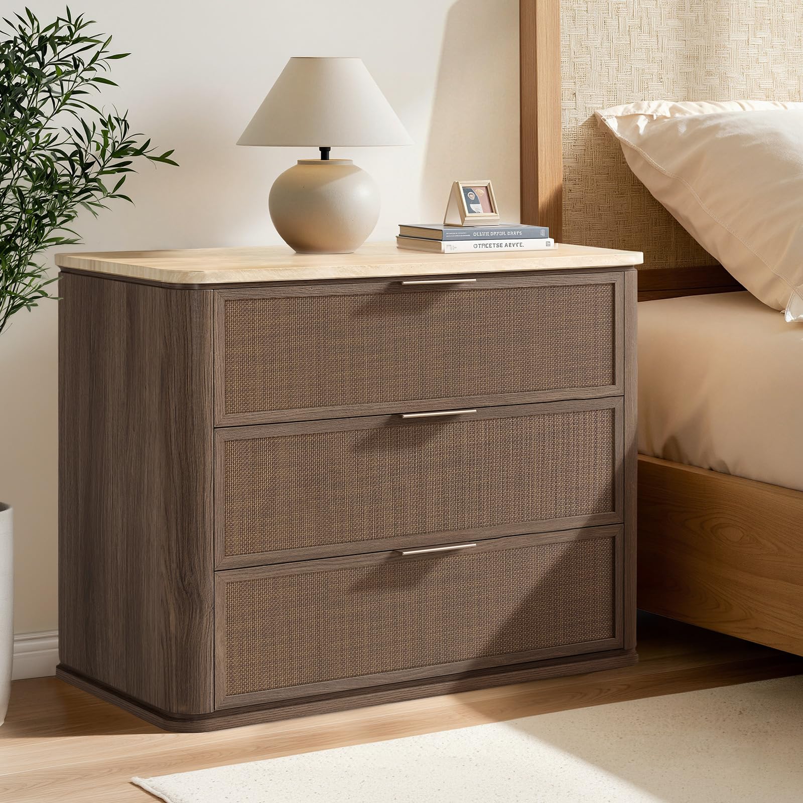 Vintagearth Nightstand 30.71" W Boho Rattan Faux Marble Top Bedside Table, FSC-Certified 1.97" Thick Wood End Table, 3 Drawer Storage, Dark Oak