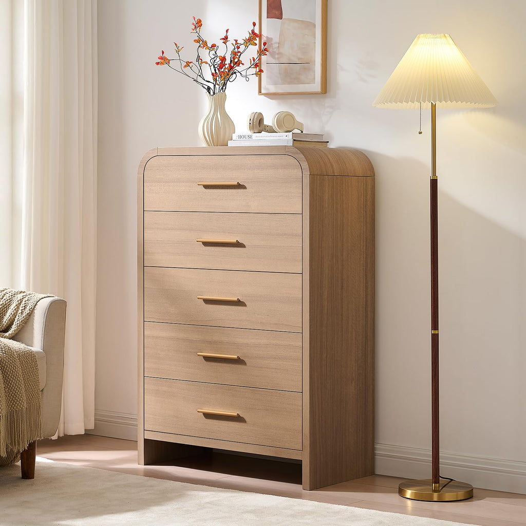 Vintagearth 5 Drawers Dresser for Bedroom, Curved 45.6" Tall FSC-certified Wood 1.18" Thick Board Dressers & Chests of Drawers for  Living Room, Hallway, Entryway, Oak