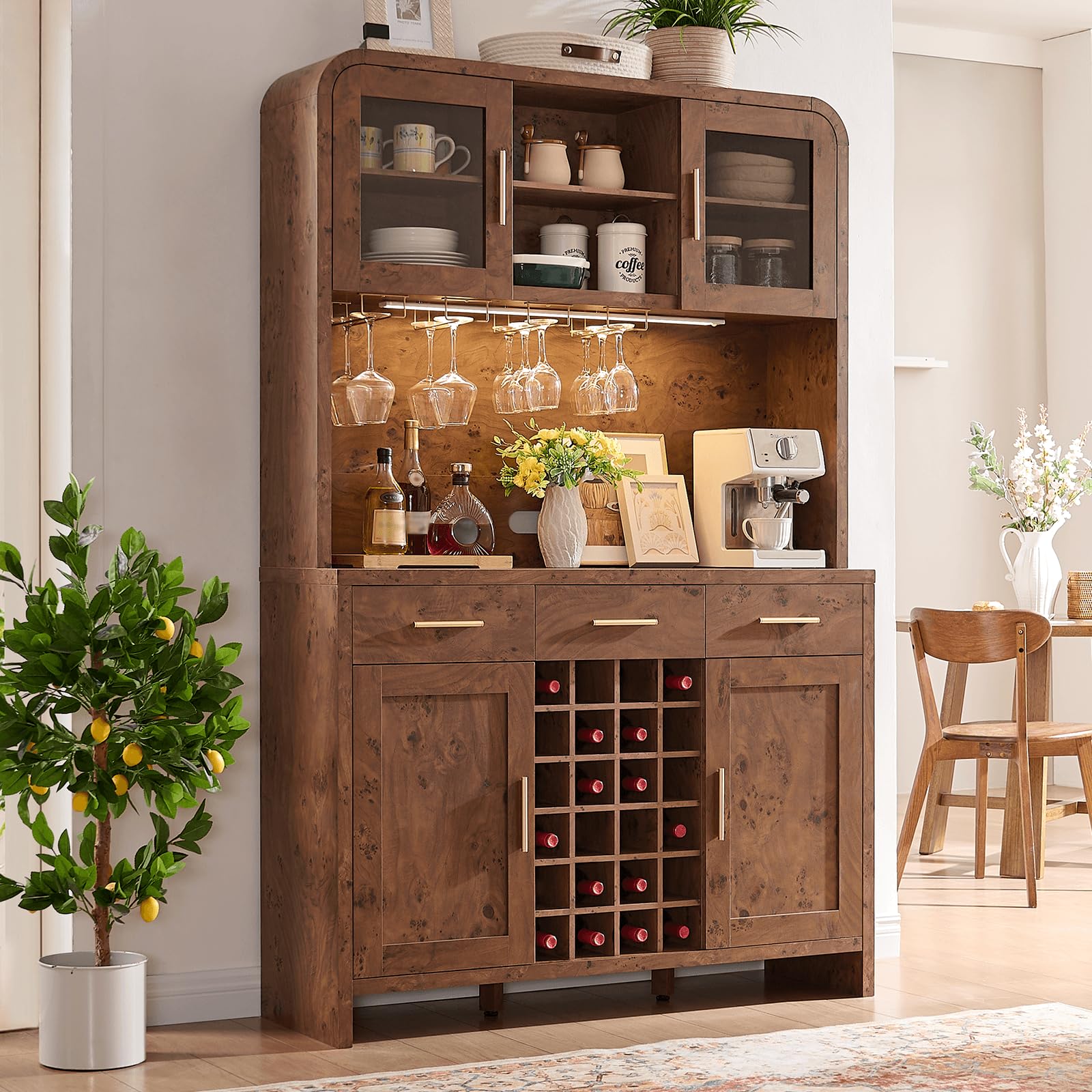Vintagearth 77" Tall Kitchen Pantry Cabinet with Charging Station & LED Lights, 24-Bottle Wine Rack Coffee Bar Cabinet for Home Dining Room Kitchen