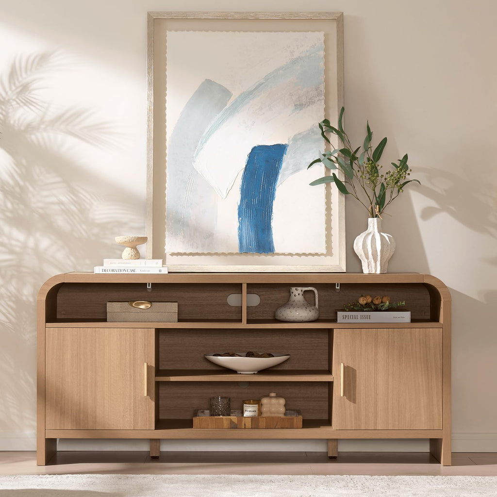 Mueble de TV Vintagearth, centro de entretenimiento de madera con certificación FSC, diseño curvado único, armarios de almacenamiento y estantes ajustables, consola multimedia moderna, fácil montaje, Light Burl