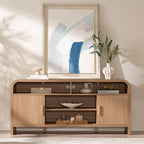 Mueble de TV Vintagearth, centro de entretenimiento de madera con certificación FSC, diseño curvado único, armarios de almacenamiento y estantes ajustables, consola multimedia moderna, fácil montaje, Light Burl