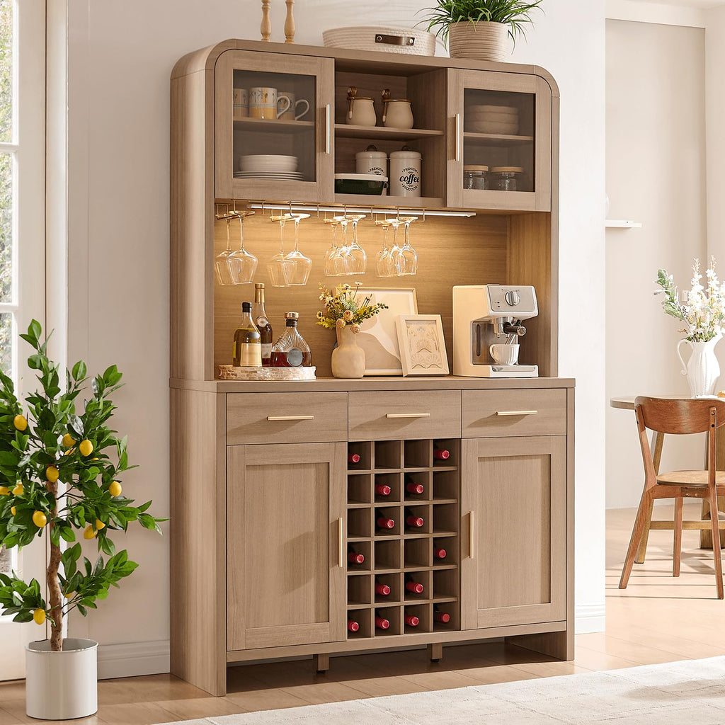 Vintagearth 77" Tall Kitchen Pantry Cabinet with Charging Station & LED Lights, 24-Bottle Wine Rack Coffee Bar Cabinet for Home Dining Room Kitchen