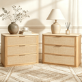 Vintagearth Nightstand Set of 2, 30.71" W Boho Rattan Faux Marble Top Bedside Table, FSC-Certified 1.97" Thick Wood End Table, 3 Drawer Storage, Natural Oak