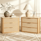 Vintagearth Nightstand Set of 2, 30.71" W Boho Rattan Faux Marble Top Bedside Table, FSC-Certified 1.97" Thick Wood End Table, 3 Drawer Storage, Natural Oak