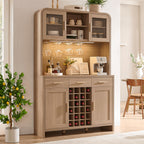 Vintagearth 77" Tall Kitchen Pantry Cabinet with Charging Station & LED Lights, 24-Bottle Wine Rack Coffee Bar Cabinet for Home Dining Room Kitchen, Oak
