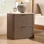 Vintagearth Nightstand 23.11" W Boho Rattan Faux Marble Top Bedside Table, FSC-Certified 1.97" Thick Wood End Table, 2 Drawer Storage, Dark Oak