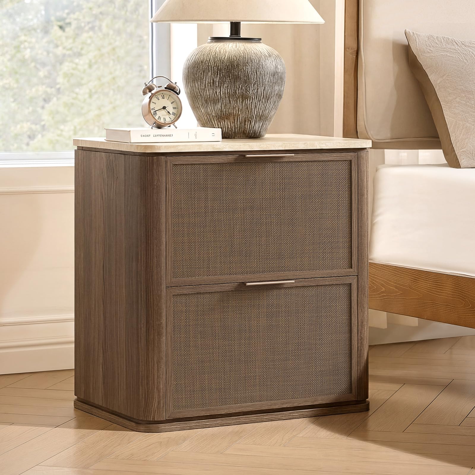 Vintagearth Nightstand 23.11" W Boho Rattan Faux Marble Top Bedside Table, FSC-Certified 1.97" Thick Wood End Table, 2 Drawer Storage, Dark Oak