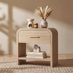 Vintagearth Mesita de Noche de 61 cm de Alto, Moderna Mesa Auxiliar Curva de Madera Certificada FSC, 1 Cajón y 1 Estante Abierto, Burl Claro