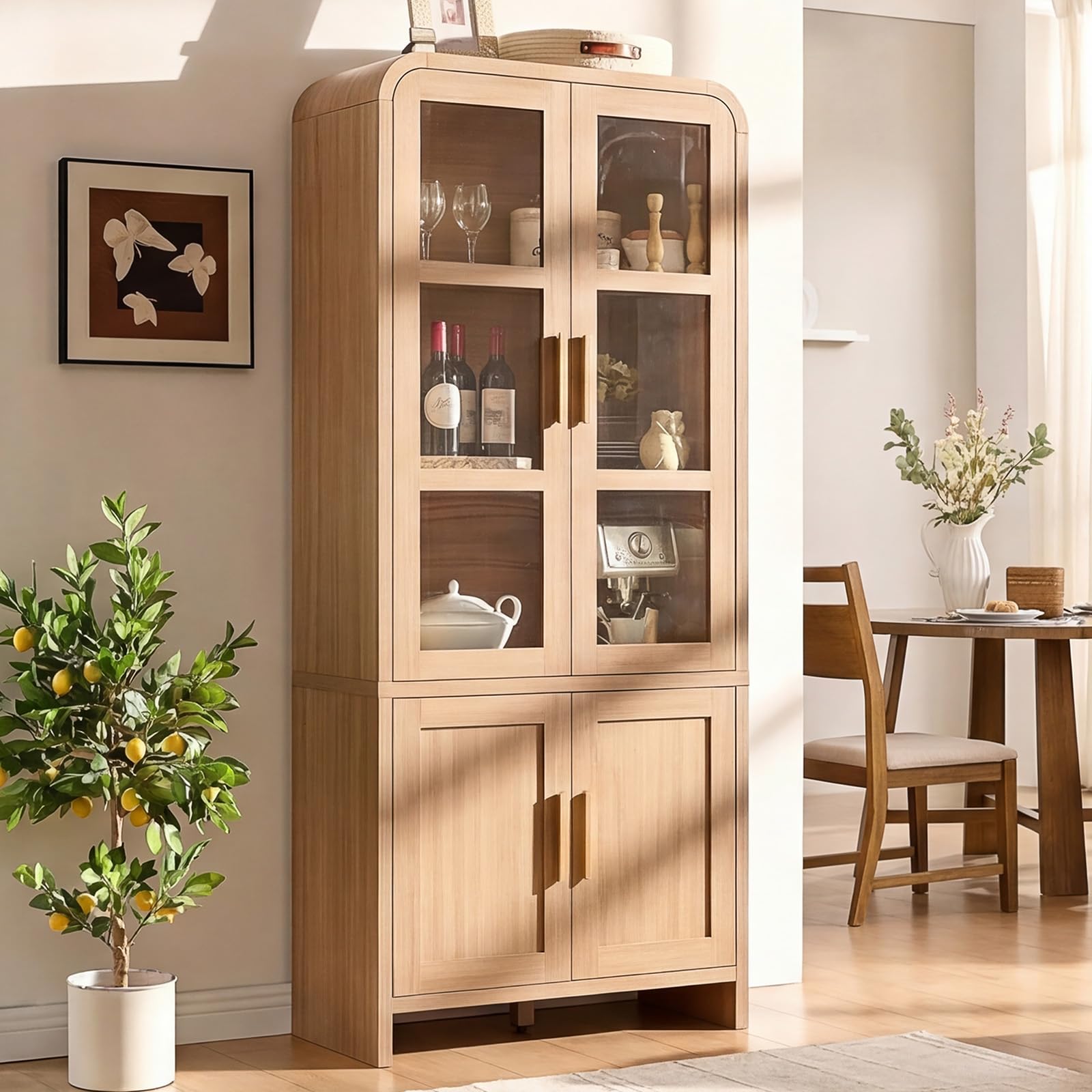 Vintagearth 77" Tall Kitchen Pantry Cabinet, 1.18'' Thick Panel Curved Storage Cupboard with Adjustable Shelf, Freestanding Organizer for Kitchen, Dining Room