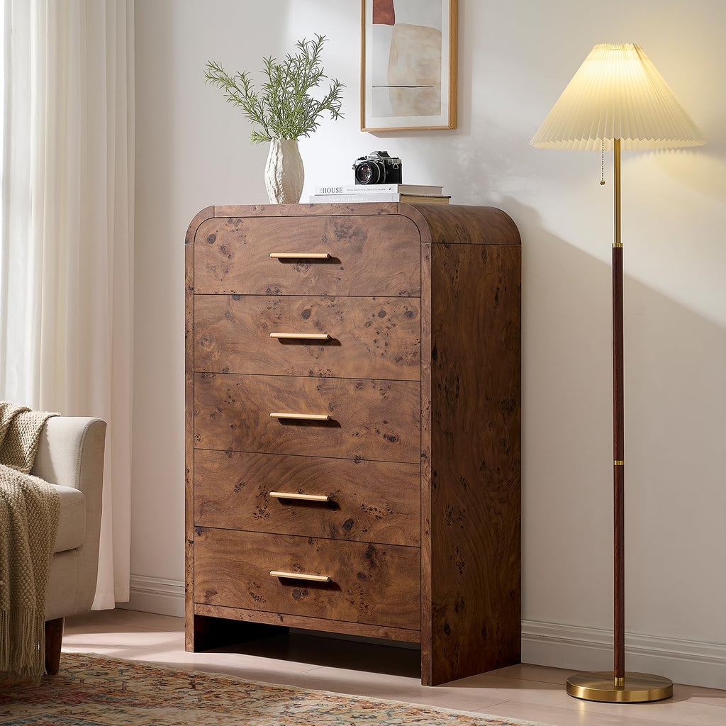 Vintagearth 5 Drawers Dresser for Bedroom, Curved 45.6" Tall FSC-certified Wood 1.18" Thick Board Dressers & Chests of Drawers for  Living Room, Hallway, Entryway, Dark Burl