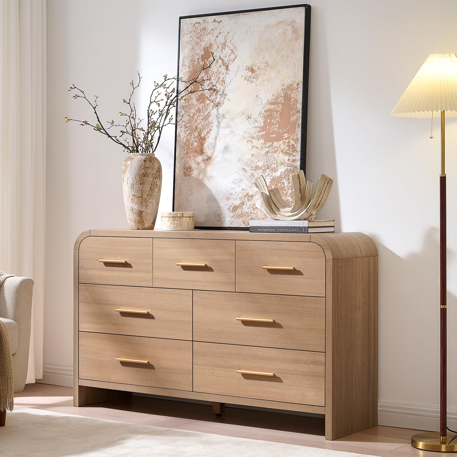 Vintagearth 7 Drawers Dresser for Bedroom, Curved FSC-certified Wood 1.18" Thick Board Dressers & Chests of Drawers for  Living Room, Hallway, Entryway, Oak