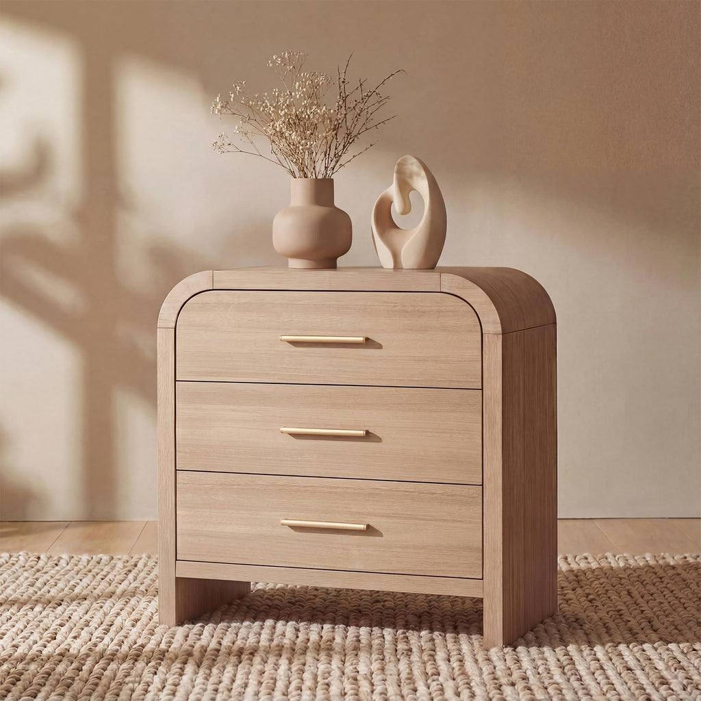 Vintagearth Nightstand 26.7" Tall Modern Curved Bedside Table, FSC-Certified Wood End Table, 3 Drawer Storage