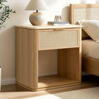 Vintagearth Nightstand 23.11" W Boho Rattan Faux Marble Top Bedside Table, FSC-Certified 1.97" Thick Wood End Table, 1 Drawer & 1 Open Storage Shelf, Natural Oak