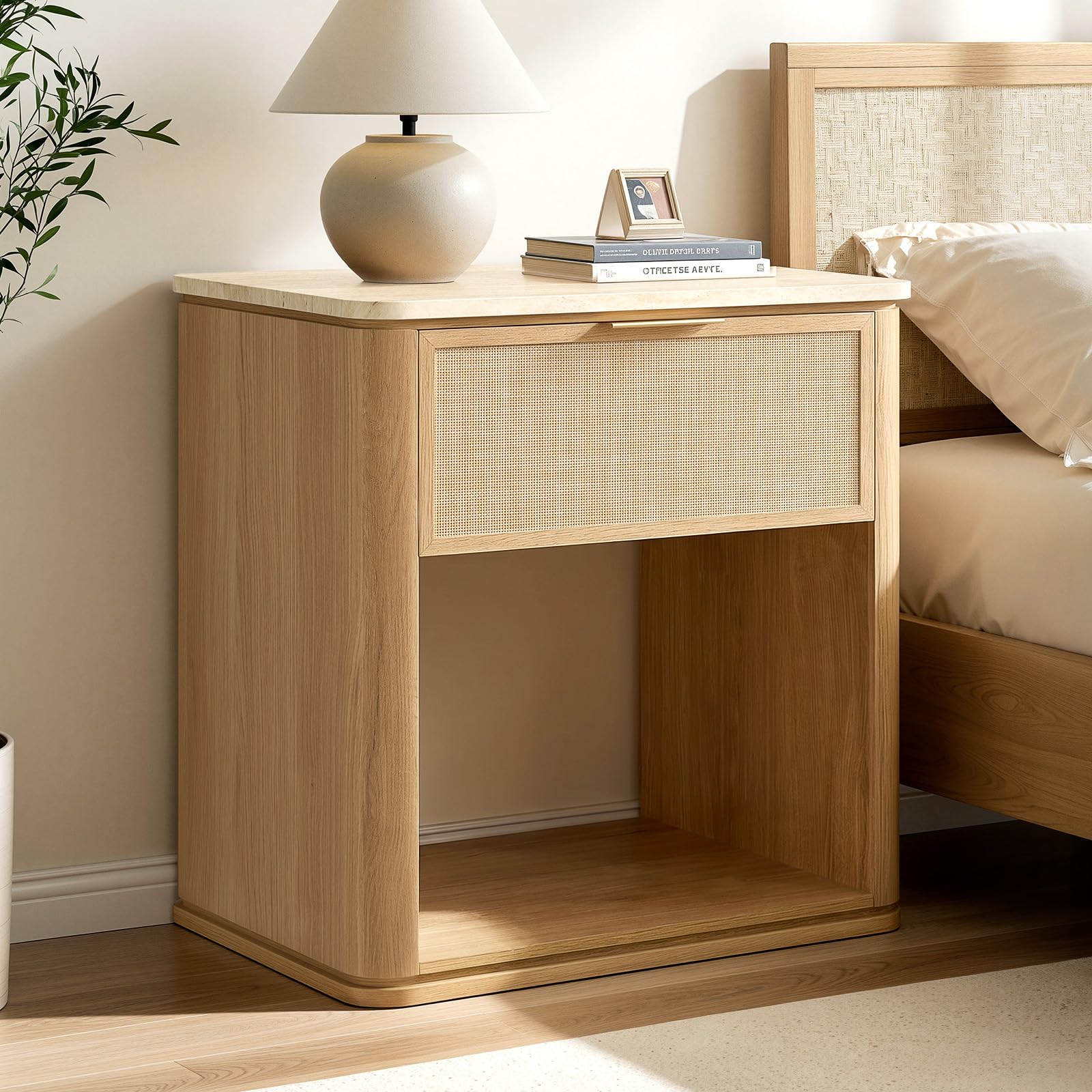 Vintagearth Nightstand 23.11" W Boho Rattan Faux Marble Top Bedside Table, FSC-Certified 1.97" Thick Wood End Table, 1 Drawer & 1 Open Storage Shelf, Natural Oak