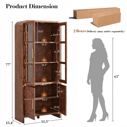 Vintagearth  77" Tall Kitchen Pantry Cabinet, 1.18'' Thick Panel Curved Storage Cupboard with Adjustable Shelf, Freestanding Organizer for Kitchen, Dining Room, Dark Burl