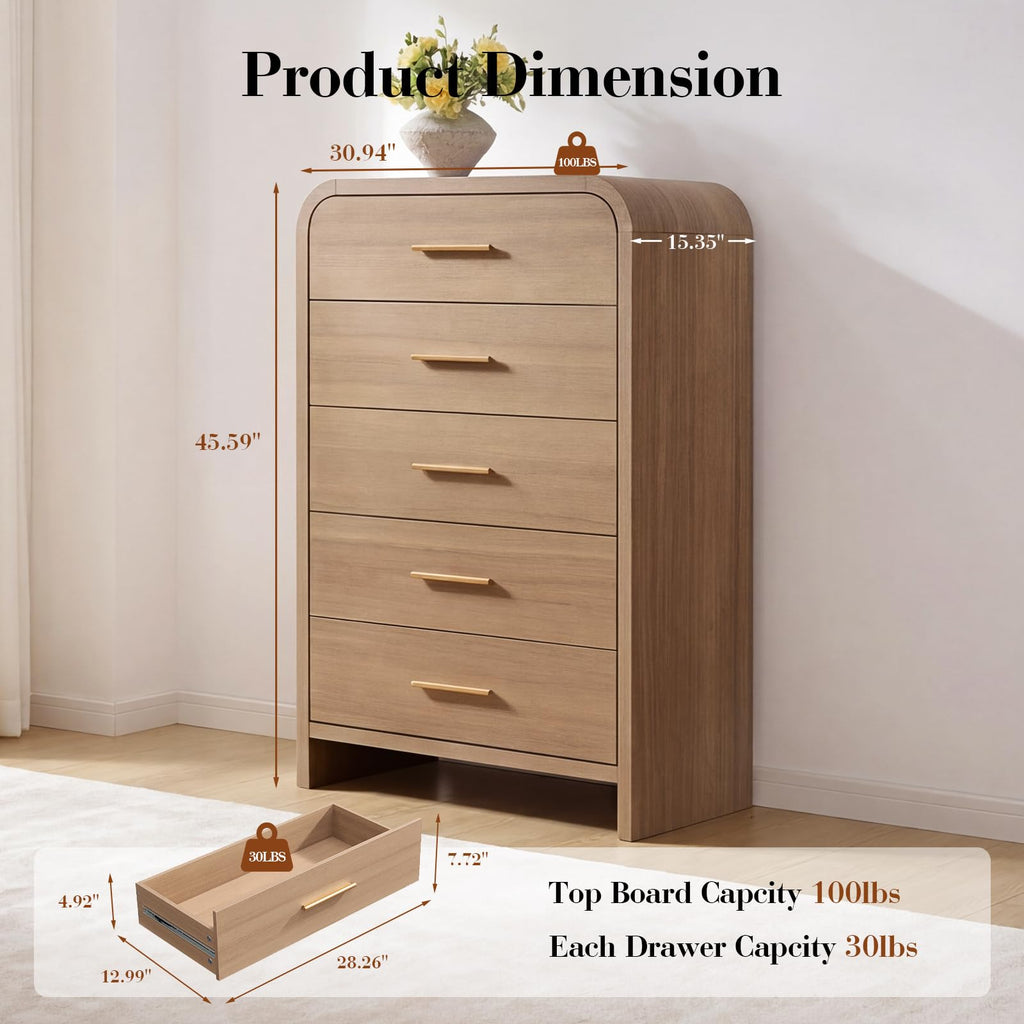 Vintagearth 5 Drawer Dresser for Bedroom, Curved 1.18" Thick FSC Certified Wood, Oak