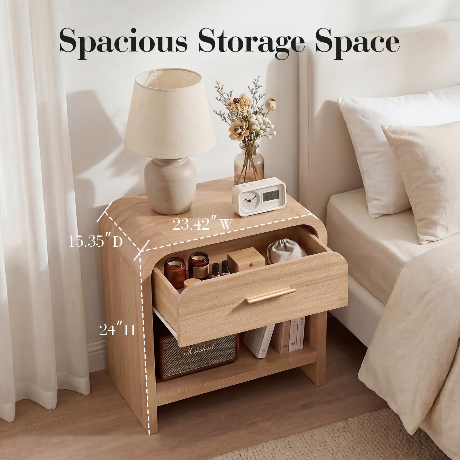 Vintagearth Nightstand 24" Tall Modern Curved Bedside Table, FSC-Certified Wood End Table, 1 Drawer & 1 Open Storage Shelf