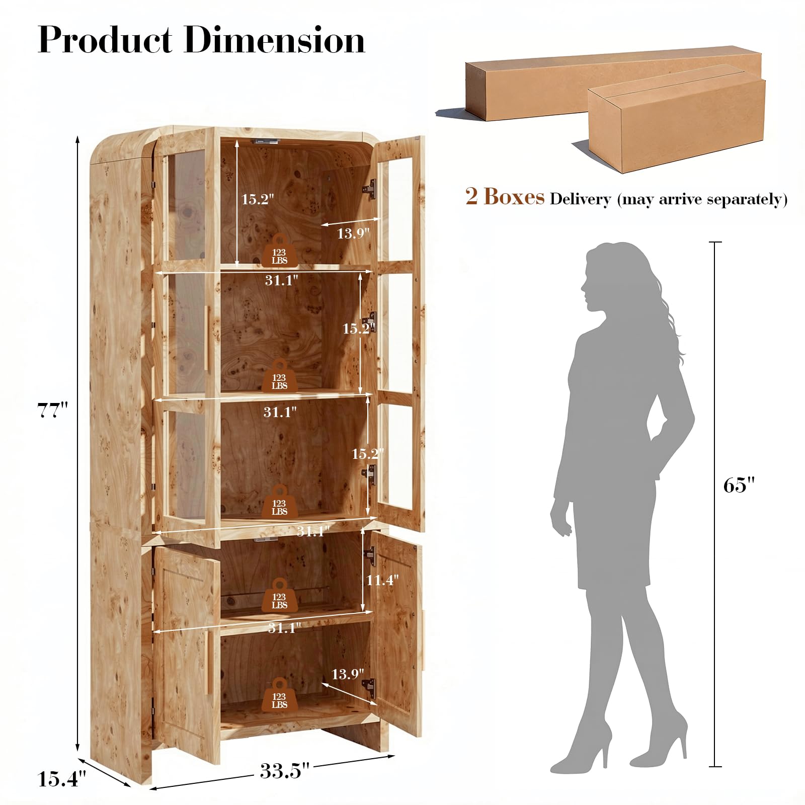 Vintagearth  77" Tall Kitchen Pantry Cabinet, 1.18'' Thick Panel Curved Storage Cupboard with Adjustable Shelf, Freestanding Organizer for Kitchen, Dining Room, Light Burl