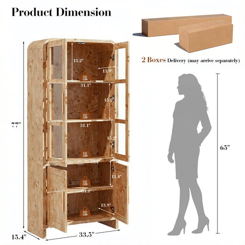 Vintagearth  77" Tall Kitchen Pantry Cabinet, 1.18'' Thick Panel Curved Storage Cupboard with Adjustable Shelf, Freestanding Organizer for Kitchen, Dining Room, Light Burl