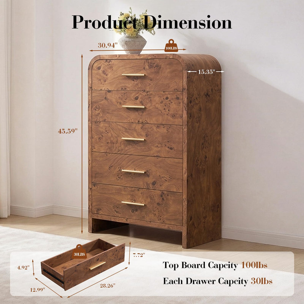 Vintagearth 5 Drawer Dresser for Bedroom, Curved 1.18" Thick FSC Certified Wood, Dark Burl