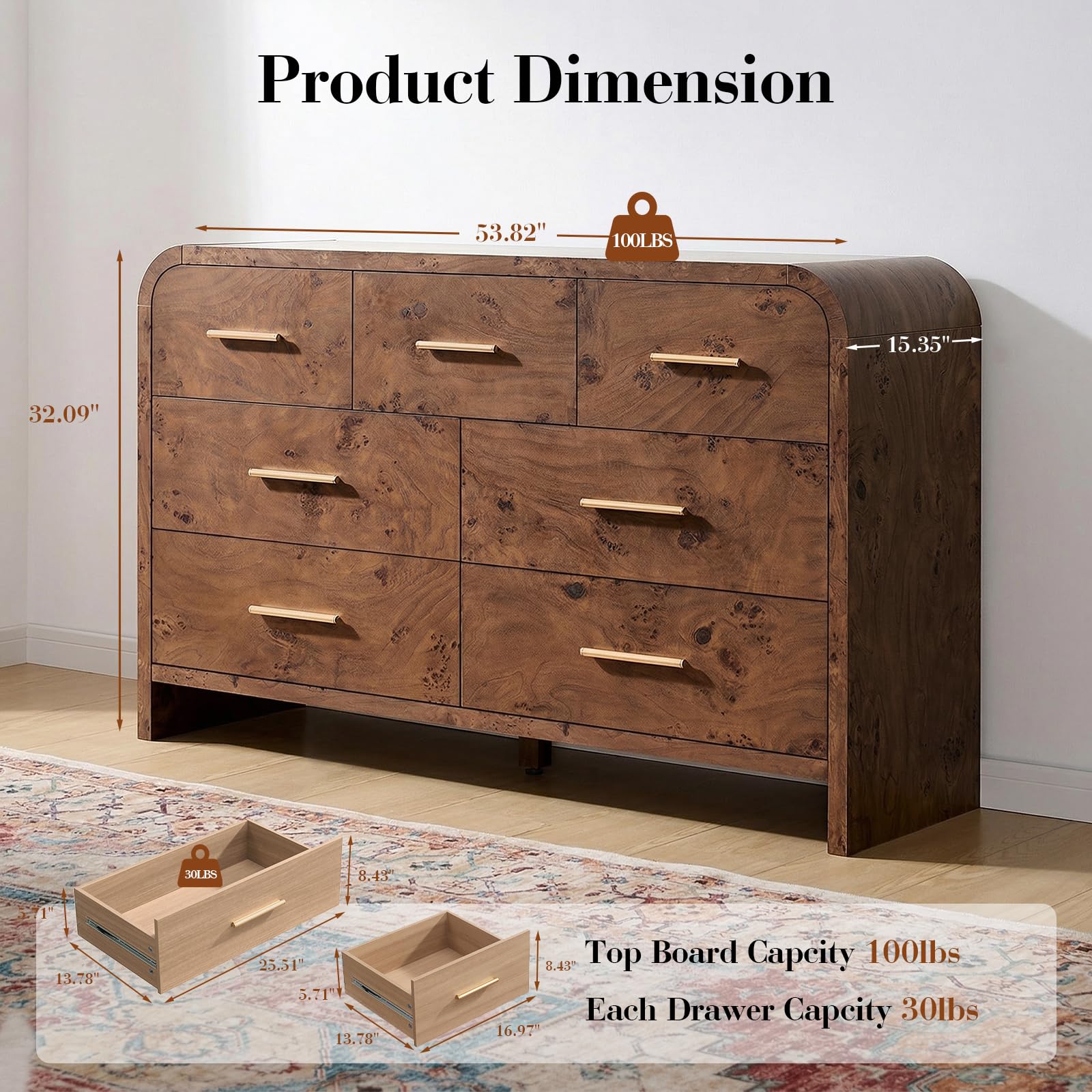 Vintagearth 7 Drawer Dresser for Bedroom, Modern & Wooden Chest of Drawers, Large Storage Organizer with Thickened 1.22" FCS Certified Board, Anti-Tip Device, Smooth Silent Slides, Dark Burl